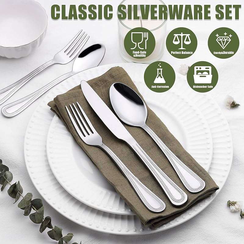 40 Piece Silverware Set for 8, Terlulu Stainless Steel Flatware Set, Mirror Polished Cutlery Set Utensil Set, Tableware Include Forks Spoons Knives for Home Restaurant, Beaded Handle, Dishwasher Safe - Image 6