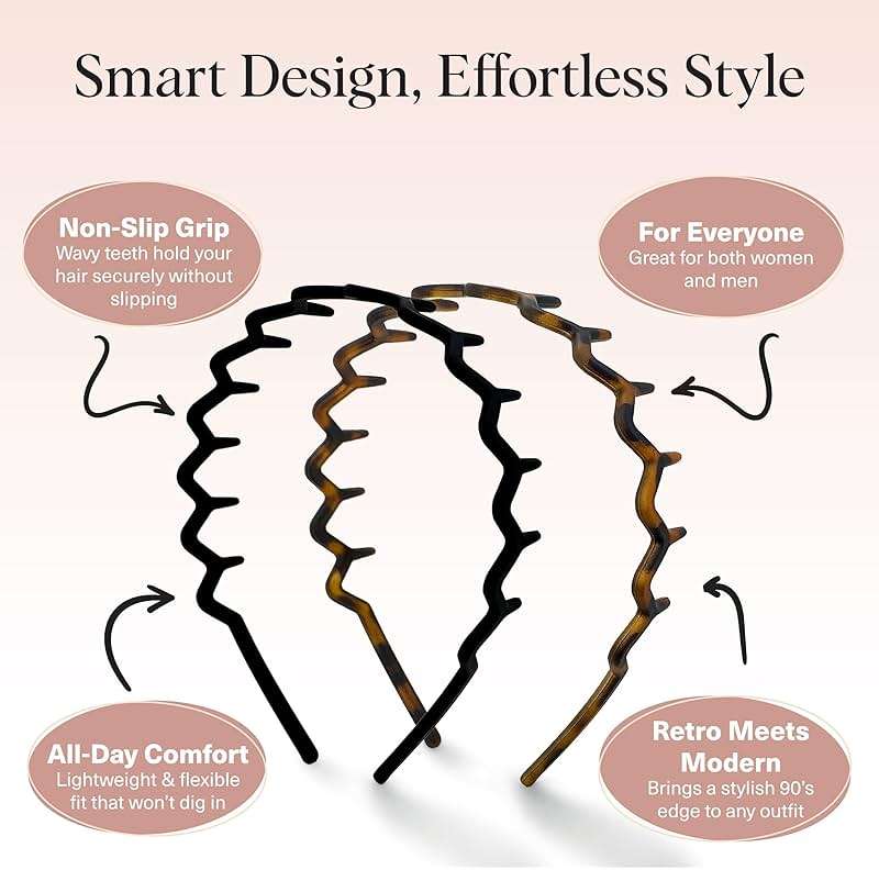 Kitsch Zig Zag Headbands for Women – Fashion Accessories for Slicked Back Styles - Comfortable Wavy Headbands | Comb Headband with Teeth | Ideal Gifts for Women - Black and Tortoise - 2 pcs - Image 4