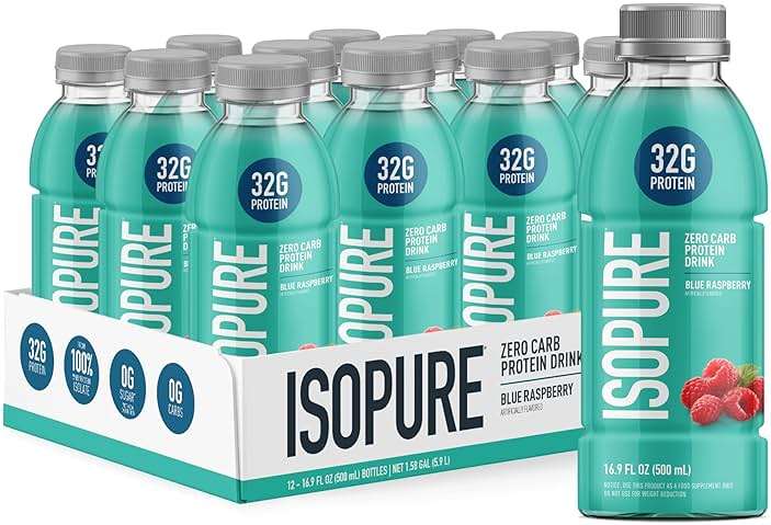 Isopure Zero Carb 32g Clear Protein Ready-to-Drink, Whey Protein Isolate, Blue Raspberry, 12 Pack (Packaging May Vary) - Image 1