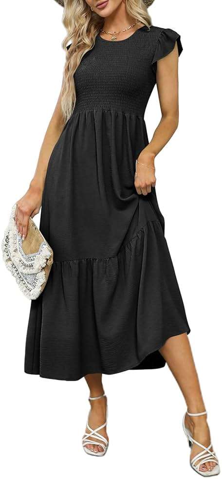 OFEEFAN Women's Casual Maxi Dresses with Pockets Ruffle Sleeve Smocked Dress XS-2XL - Image 5