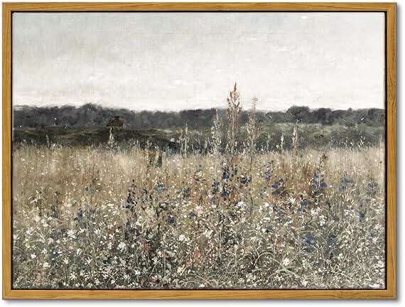 InSimSea Framed Canvas Wall Art Vintage Decor, Bathroom Art Classical Wildflower Painting Prints Champ fleuri,Country Landscape Home Decor, 12"x16" - Image 1