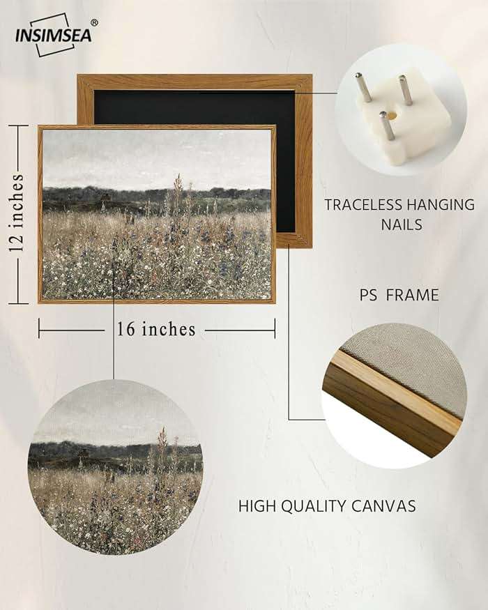 InSimSea Framed Canvas Wall Art Vintage Decor, Bathroom Art Classical Wildflower Painting Prints Champ fleuri,Country Landscape Home Decor, 12"x16" - Image 4