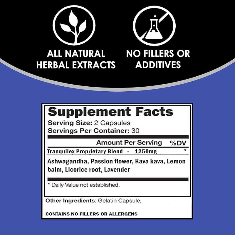 VH Nutrition TRANQUILEX | Stress Relief Supplement* | Ashwagandha, Passion Flower, Kava Kava, Lemon Balm, Licorice Root, and Lavender | Natural Relaxation and Mental Calmness | 60 Capsules - Image 5