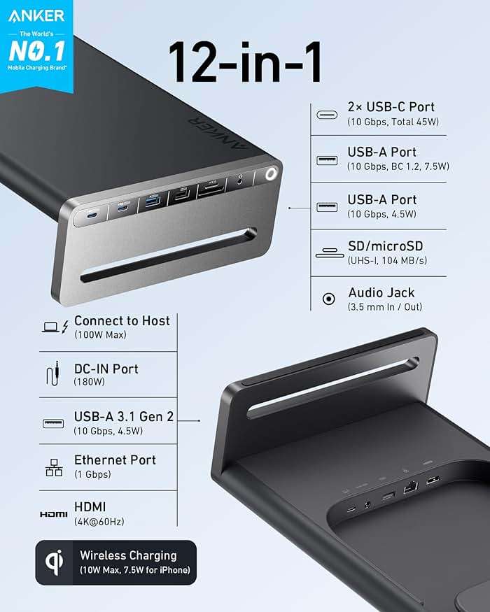 Anker 675 USB-C Docking Station (12-in-1, Monitor Stand, Wireless) with 10Gbps USB-C Ports, 4K@60Hz HDMI Display, Wireless Charging Pad, for Lenovo ThinkPad, MacBook Pro M1 / M2 - Image 2