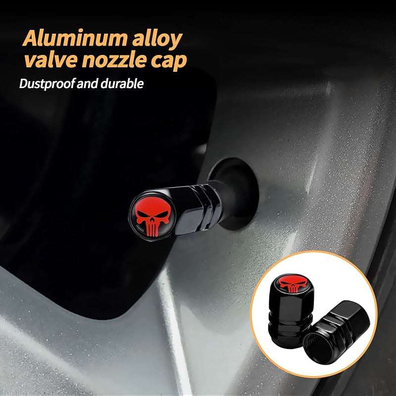 Ajxn Pack-4 Skull Tire Valve Stem Caps, Airtight Dust Proof Covers for Car Wheel, Universal Tire Air Valve Caps Fits Cars Trucks Motorcycles SUVs and Bikes, Car Wheels Protection Accessories (Red) - Image 4