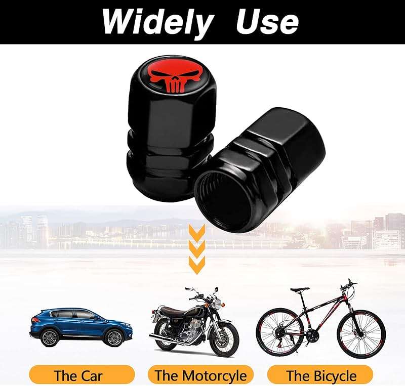 Ajxn Pack-4 Skull Tire Valve Stem Caps, Airtight Dust Proof Covers for Car Wheel, Universal Tire Air Valve Caps Fits Cars Trucks Motorcycles SUVs and Bikes, Car Wheels Protection Accessories (Red) - Image 6