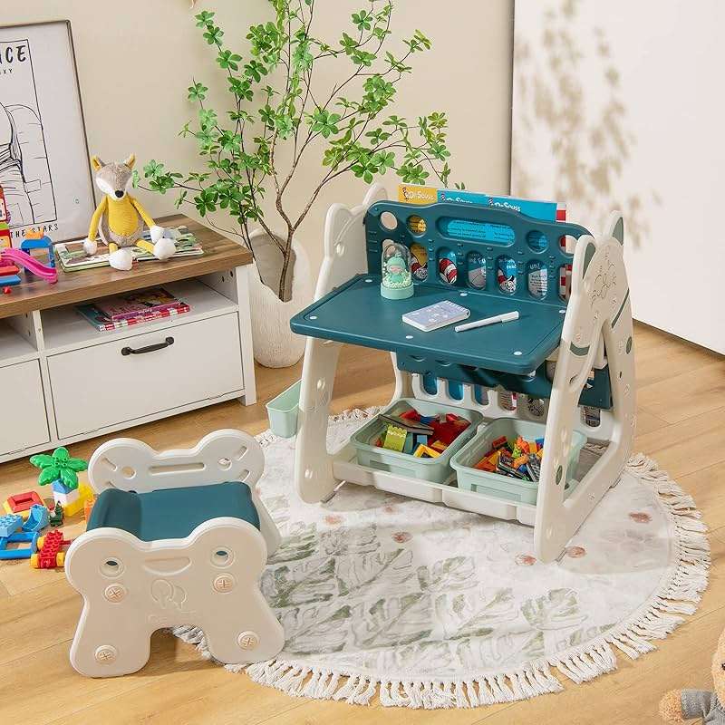 GLACER 3-in-1 Kids Art Easel w/Stool, Double-Sided Magnetic Dry Erase Board, Multi-Layer Book Rack, 2 Storage Baskets, 4 Colorful Markers, Adjustable Table & Chair Set for 1-5 Years Toddler (Green) - Image 2