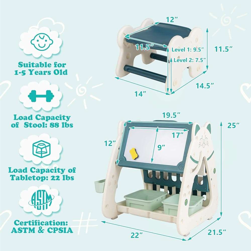 GLACER 3-in-1 Kids Art Easel w/Stool, Double-Sided Magnetic Dry Erase Board, Multi-Layer Book Rack, 2 Storage Baskets, 4 Colorful Markers, Adjustable Table & Chair Set for 1-5 Years Toddler (Green) - Image 3