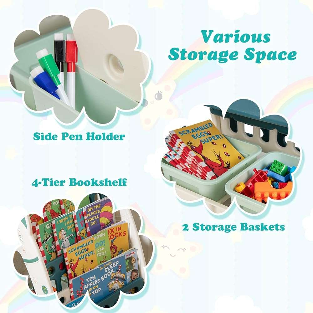 GLACER 3-in-1 Kids Art Easel w/Stool, Double-Sided Magnetic Dry Erase Board, Multi-Layer Book Rack, 2 Storage Baskets, 4 Colorful Markers, Adjustable Table & Chair Set for 1-5 Years Toddler (Green) - Image 6