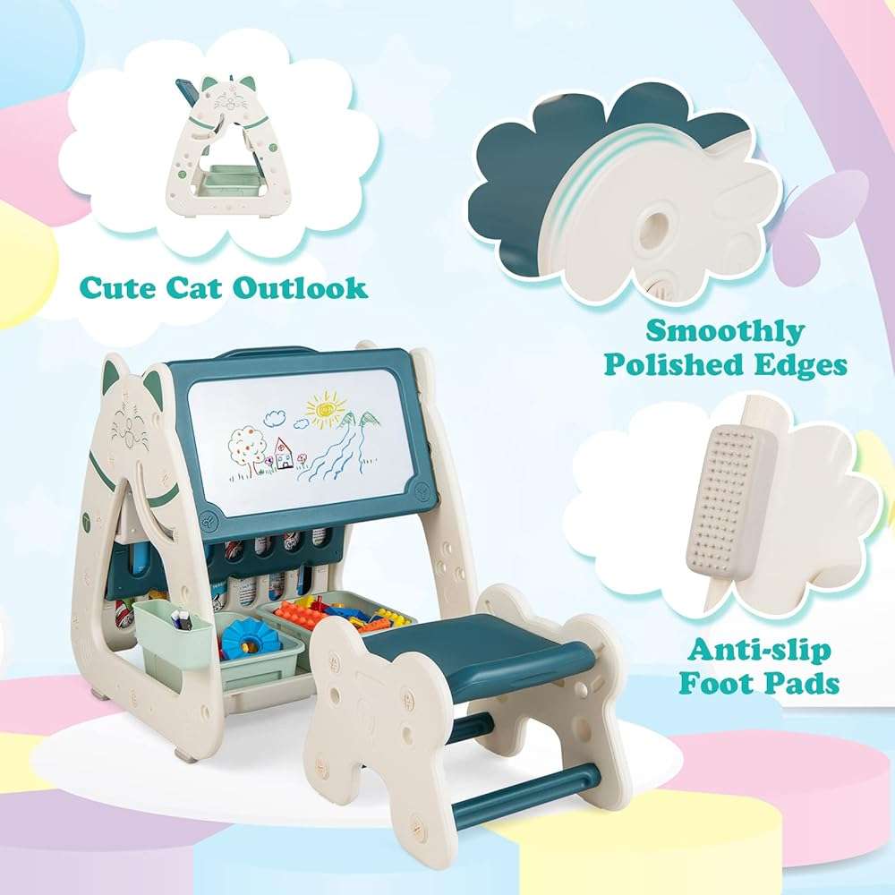 GLACER 3-in-1 Kids Art Easel w/Stool, Double-Sided Magnetic Dry Erase Board, Multi-Layer Book Rack, 2 Storage Baskets, 4 Colorful Markers, Adjustable Table & Chair Set for 1-5 Years Toddler (Green) - Image 7