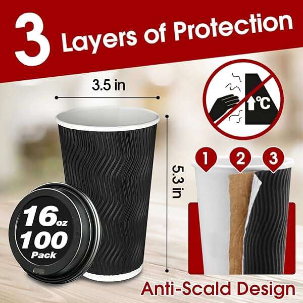 Ginkgo 100 Pack 16 oz Disposable Insulated Coffee Cups with Lids, Paper To-Go Coffee Cups for Coffee Bars, Hot Chocolate, Cocoa, and Hot Tea Drinks - Black - Image 2