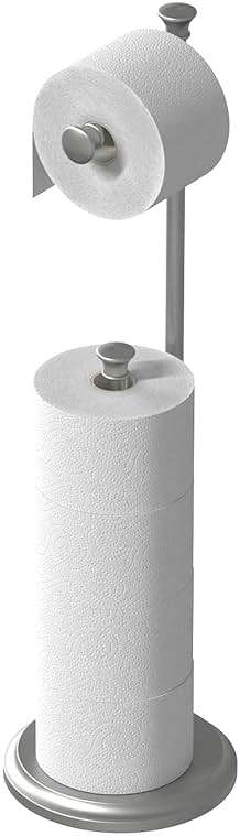 Free Standing Toilet Paper Holder Stand Brushed Nickel Toilet Roll Stand Bathroom Tissue Rack with Storage Reserves 5 Mega Rolls - Image 1