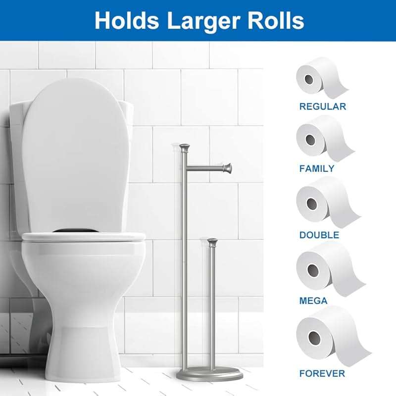 Free Standing Toilet Paper Holder Stand Brushed Nickel Toilet Roll Stand Bathroom Tissue Rack with Storage Reserves 5 Mega Rolls - Image 5