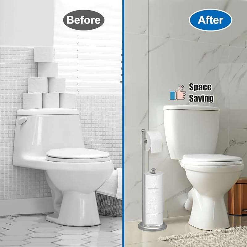 Free Standing Toilet Paper Holder Stand Brushed Nickel Toilet Roll Stand Bathroom Tissue Rack with Storage Reserves 5 Mega Rolls - Image 6