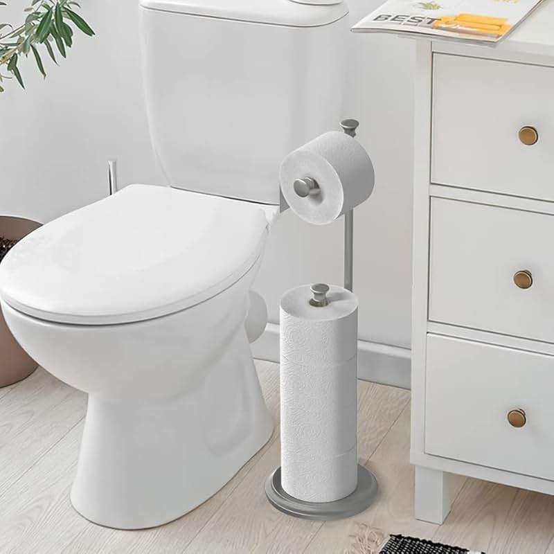 Free Standing Toilet Paper Holder Stand Brushed Nickel Toilet Roll Stand Bathroom Tissue Rack with Storage Reserves 5 Mega Rolls - Image 7