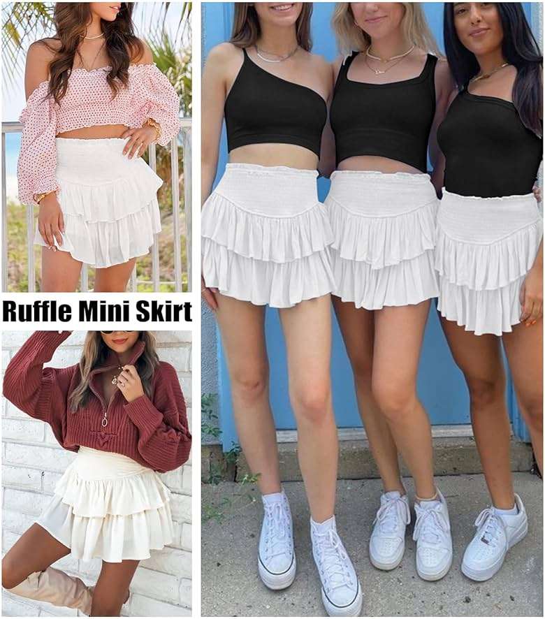MIYIEONZ Women's Cute High Waist Ruffle Mini Skirt Layered Ruffle Hem Flared Flowy Casual Swing Beach Mini Short Skirt - Image 4