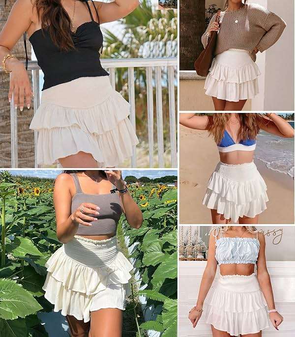 MIYIEONZ Women's Cute High Waist Ruffle Mini Skirt Layered Ruffle Hem Flared Flowy Casual Swing Beach Mini Short Skirt - Image 5
