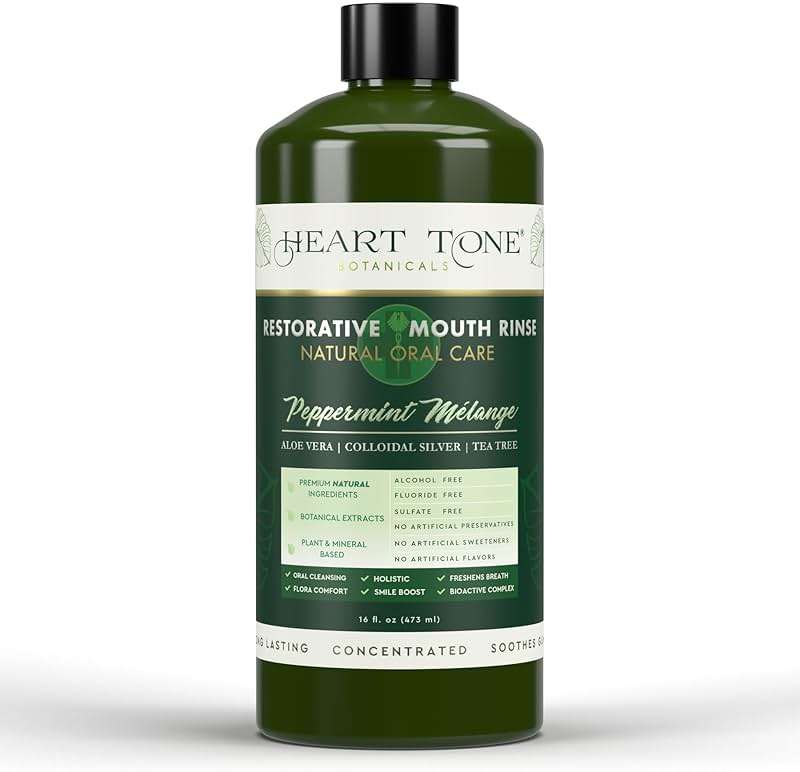 Heart Tone Botanicals Colloidal Silver Mouthwash | Nano Silver Alcohol-Free Mouth Rinse | Aloe Vera, Zinc, MSM & 18 Botanical CO2 Extracts | pH Balanced | Fluoride Free | Peppermint - Image 1