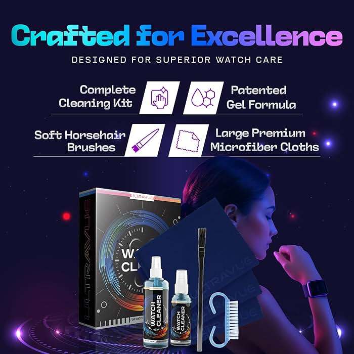 ULTRAVUE Watch Cleaning Kit - Cleans All Watches and Jewelry Including Metals, Crystals and Rubber - 1 x 2oz and 1 x 8oz Watch Cleaner Gel Spray, 3 x Microfiber Cloth, 2 x Horsehair Brush - Image 2