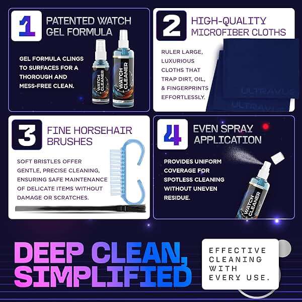 ULTRAVUE Watch Cleaning Kit - Cleans All Watches and Jewelry Including Metals, Crystals and Rubber - 1 x 2oz and 1 x 8oz Watch Cleaner Gel Spray, 3 x Microfiber Cloth, 2 x Horsehair Brush - Image 4