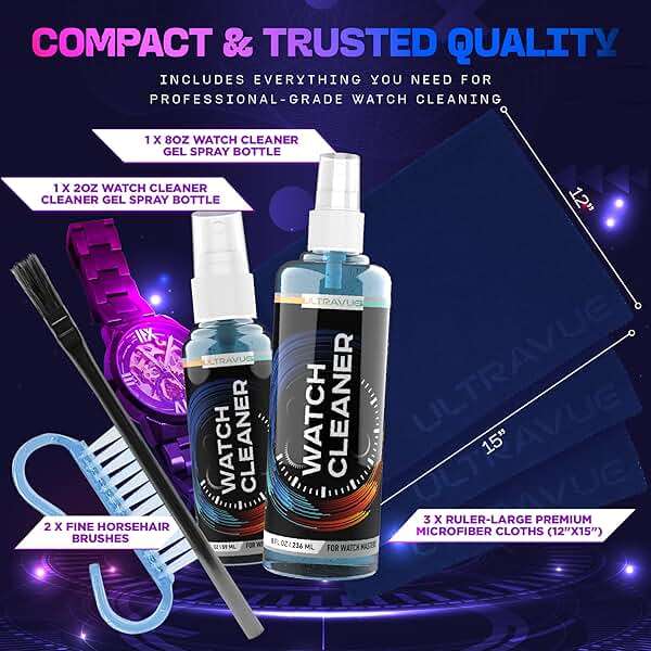 ULTRAVUE Watch Cleaning Kit - Cleans All Watches and Jewelry Including Metals, Crystals and Rubber - 1 x 2oz and 1 x 8oz Watch Cleaner Gel Spray, 3 x Microfiber Cloth, 2 x Horsehair Brush - Image 7