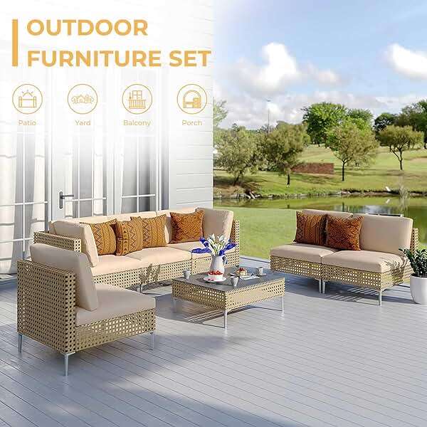 Grand patio 7-Piece Wicker Patio Furniture Set, Boho Outdoor Conversation Set Sectional Sofa with Water Resistant Thick Cushions and Coffee Table, Cream - Image 4