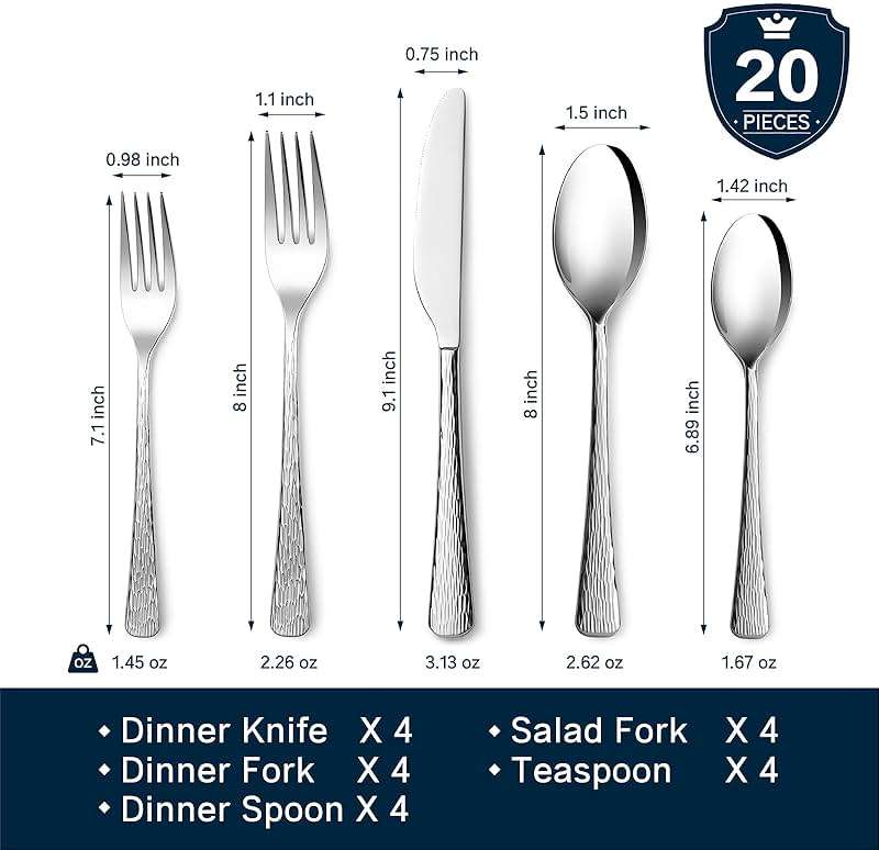 KINGSTONE Hammered Silverware Set, 20-Piece Flatware Set, 18/10 Stainless Steel Premium Cutlery with Unique Ripple Handles Design Mirror Polished - Dishwasher Safe - Image 3