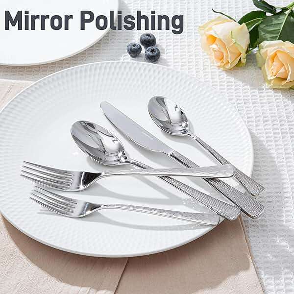 KINGSTONE Hammered Silverware Set, 20-Piece Flatware Set, 18/10 Stainless Steel Premium Cutlery with Unique Ripple Handles Design Mirror Polished - Dishwasher Safe - Image 4