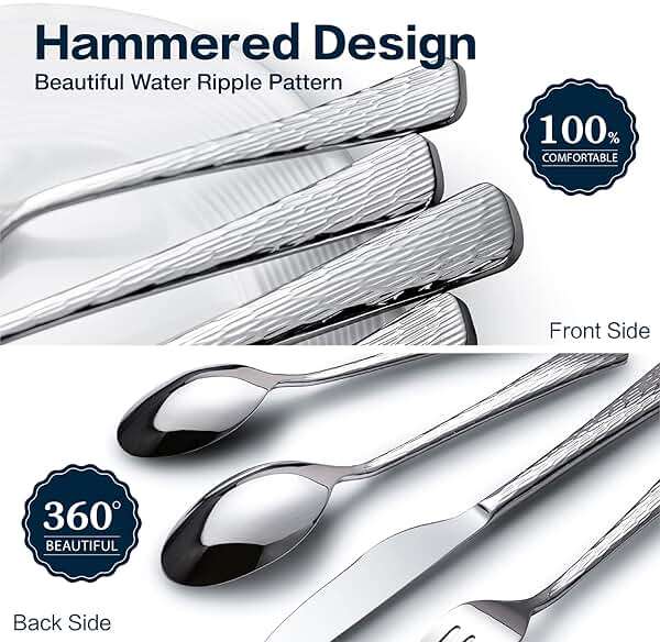 KINGSTONE Hammered Silverware Set, 20-Piece Flatware Set, 18/10 Stainless Steel Premium Cutlery with Unique Ripple Handles Design Mirror Polished - Dishwasher Safe - Image 5