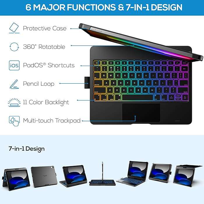 typecase Touch iPad 11th 10th Generation Case with Keyboard (11" 2025, A16 & 10.9" 2022) – 360° Rotatable, 11-Color Backlit, Multi-Touch Trackpad, Pencil Holder, Thin & Light – Black - Image 4