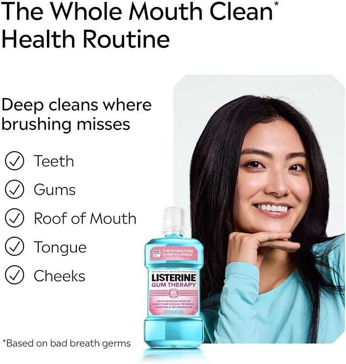 Listerine Gum Therapy Antiplaque & Anti-Gingivitis Mouthwash, ADA Accepted Oral Rinse Helps Reverse Early Gingivitis Signs Like Bleeding Gums, 4X Healthier Gums in 3 Weeks vs Brushing Alone, Mint, 1 L - Image 3