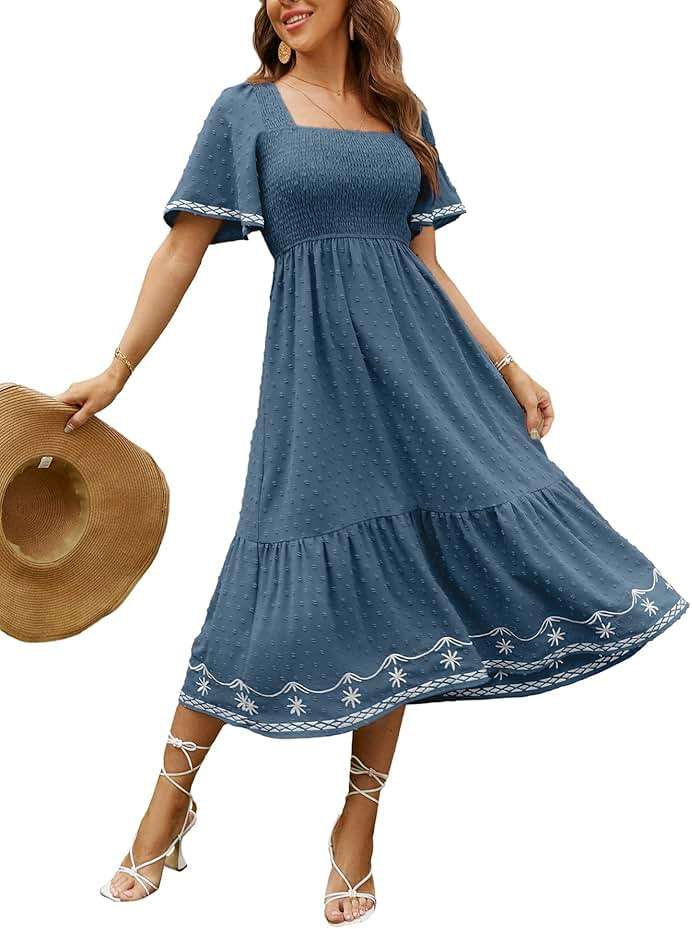 Glamaker Women's Short Sleeve Smocked Square Neck A Line Summer Flowy Maxi Long Dress - Image 1
