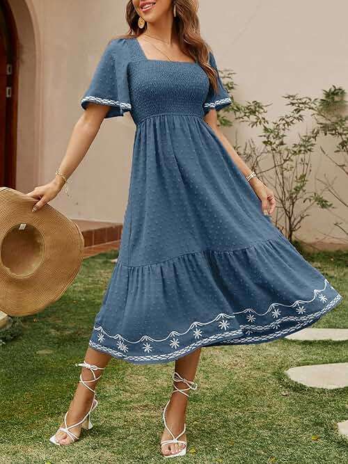 Glamaker Women's Short Sleeve Smocked Square Neck A Line Summer Flowy Maxi Long Dress - Image 2