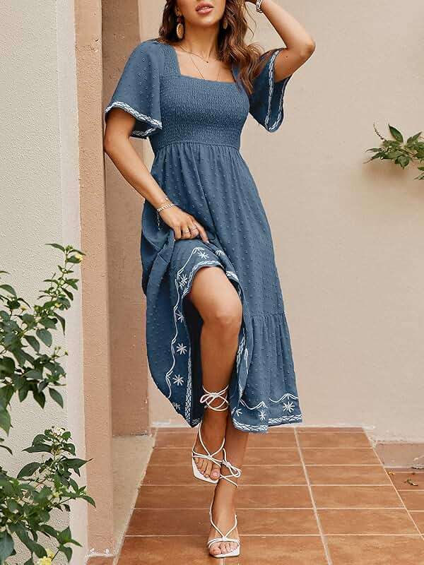 Glamaker Women's Short Sleeve Smocked Square Neck A Line Summer Flowy Maxi Long Dress - Image 4