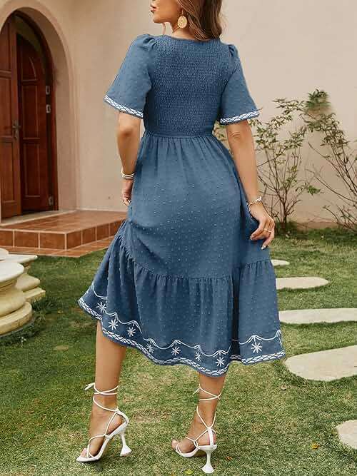 Glamaker Women's Short Sleeve Smocked Square Neck A Line Summer Flowy Maxi Long Dress - Image 5