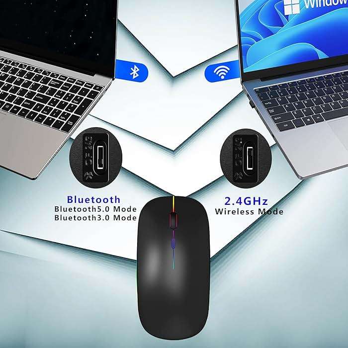 WREANU Wireless Bluetooth Mouse Rechargeable Laptop Mice with LED Lights Silent Slim Use(BT5.2 and 2.4G Portable USB) Dual Mode Computer Mouse for Laptop/iPad/Tablet/Apple/Computer/Mac (Black) - Image 3