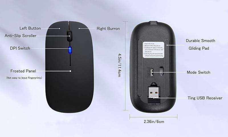 WREANU Wireless Bluetooth Mouse Rechargeable Laptop Mice with LED Lights Silent Slim Use(BT5.2 and 2.4G Portable USB) Dual Mode Computer Mouse for Laptop/iPad/Tablet/Apple/Computer/Mac (Black) - Image 8