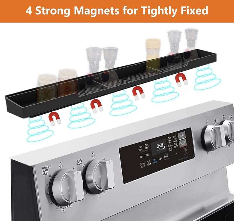 AWOKE Stove Top Shelf 30 Inch - Silicone Material Magnetic Shelf for Stove - 3 Functional Partitions Kitchen Spice Rack Organizer-Black,Kitchen Gadgets Storage Organization - Image 4