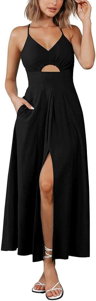 BTFBM Women 2026 Spaghetti Strap Midi Summer Dresses Sleeveless V Neck Cutout Slit Casual Beach Party Maxi Dress Pockets - Image 1