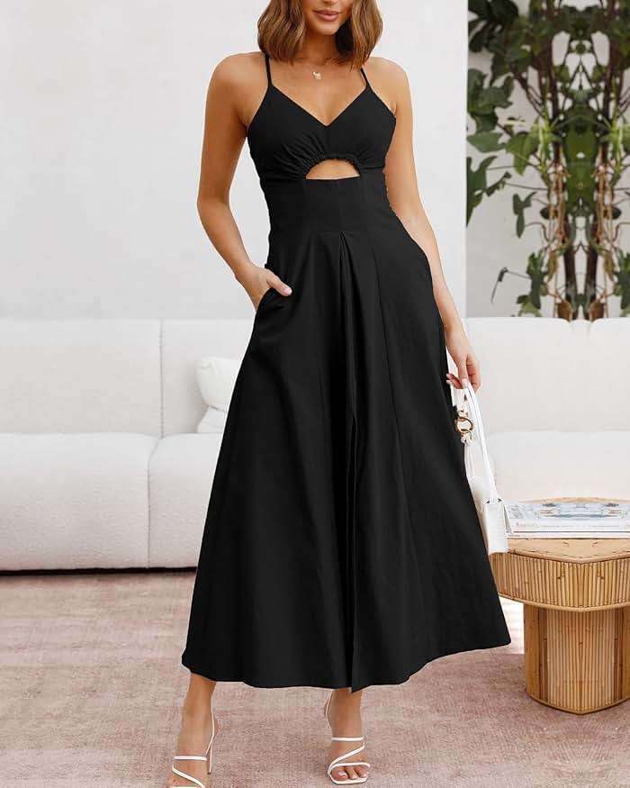 BTFBM Women 2026 Spaghetti Strap Midi Summer Dresses Sleeveless V Neck Cutout Slit Casual Beach Party Maxi Dress Pockets - Image 2