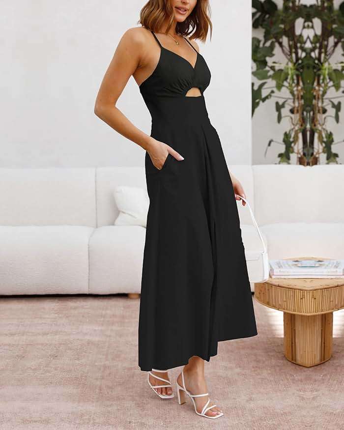 BTFBM Women 2026 Spaghetti Strap Midi Summer Dresses Sleeveless V Neck Cutout Slit Casual Beach Party Maxi Dress Pockets - Image 3