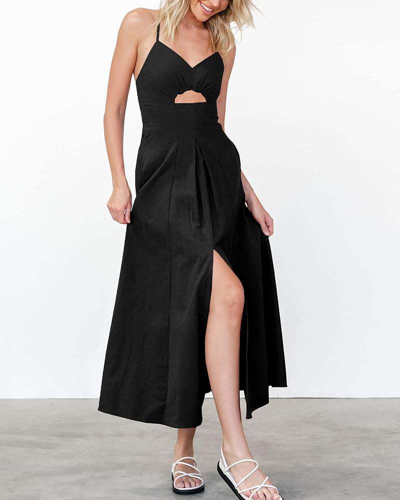 BTFBM Women 2026 Spaghetti Strap Midi Summer Dresses Sleeveless V Neck Cutout Slit Casual Beach Party Maxi Dress Pockets - Image 4