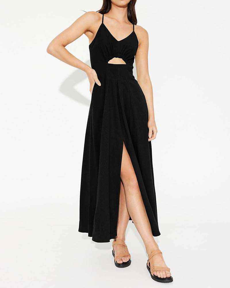 BTFBM Women 2026 Spaghetti Strap Midi Summer Dresses Sleeveless V Neck Cutout Slit Casual Beach Party Maxi Dress Pockets - Image 6