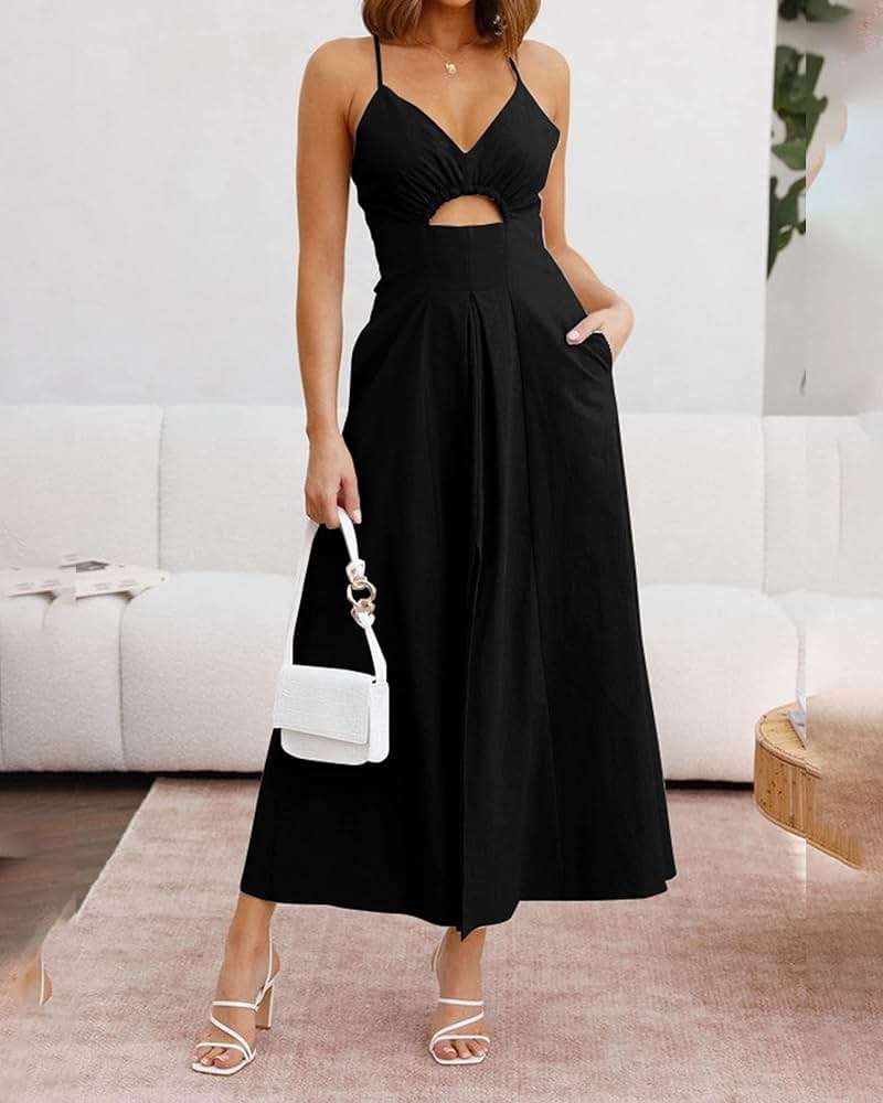 BTFBM Women 2026 Spaghetti Strap Midi Summer Dresses Sleeveless V Neck Cutout Slit Casual Beach Party Maxi Dress Pockets - Image 7