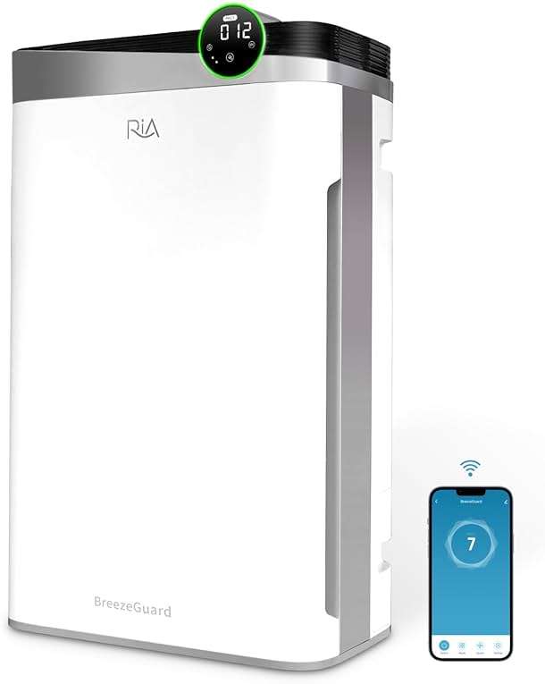 RIA BreezeGuard Smart HEPA Air Purifier for Large Room up to 2500 SqFt with Sleep Mode, App Control, Air Quality Monitor, Washable Filter, Evaporative Humidifier for Home Bedroom Pet Dander Smoke Dust - Image 1