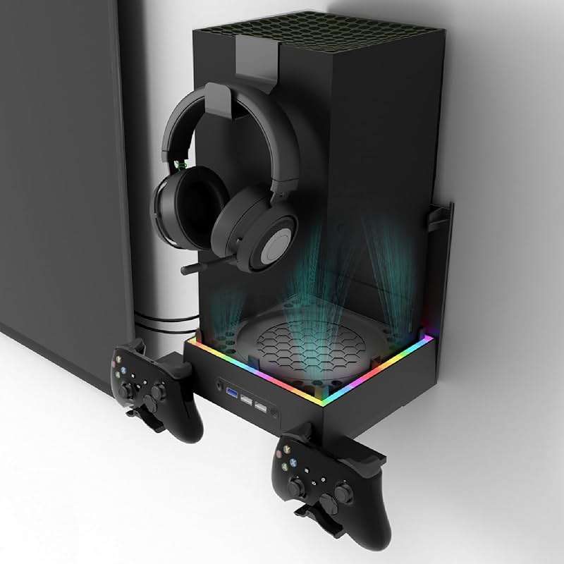 JDGPOKOO Wall Mount with Cooling Fan for Xbox Series X, 4 in 1 Wall Mount Kit for Xbox Series X, 3 Speed Low Noise Fan with RGB Light Strip & Touch Switch, 3 USB Port Controller & Headphone Holder - Image 1