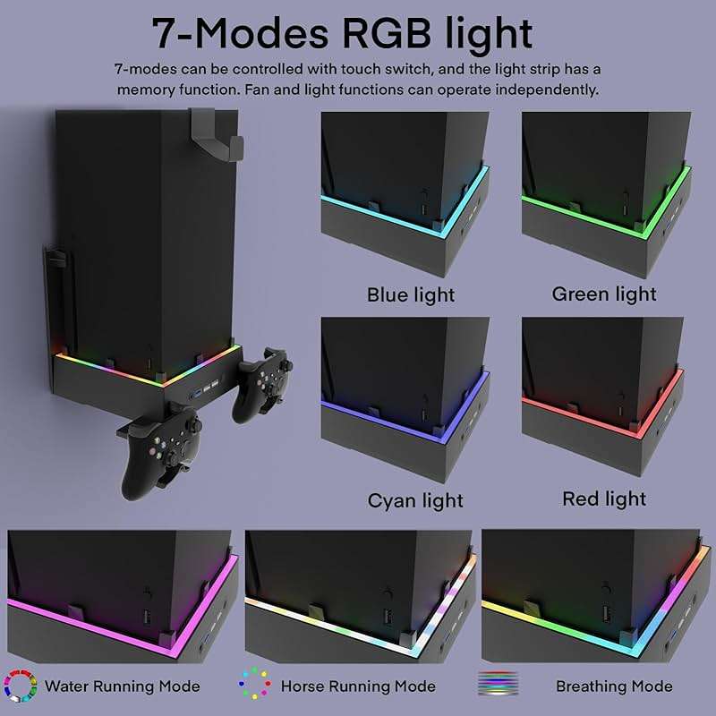 JDGPOKOO Wall Mount with Cooling Fan for Xbox Series X, 4 in 1 Wall Mount Kit for Xbox Series X, 3 Speed Low Noise Fan with RGB Light Strip & Touch Switch, 3 USB Port Controller & Headphone Holder - Image 3