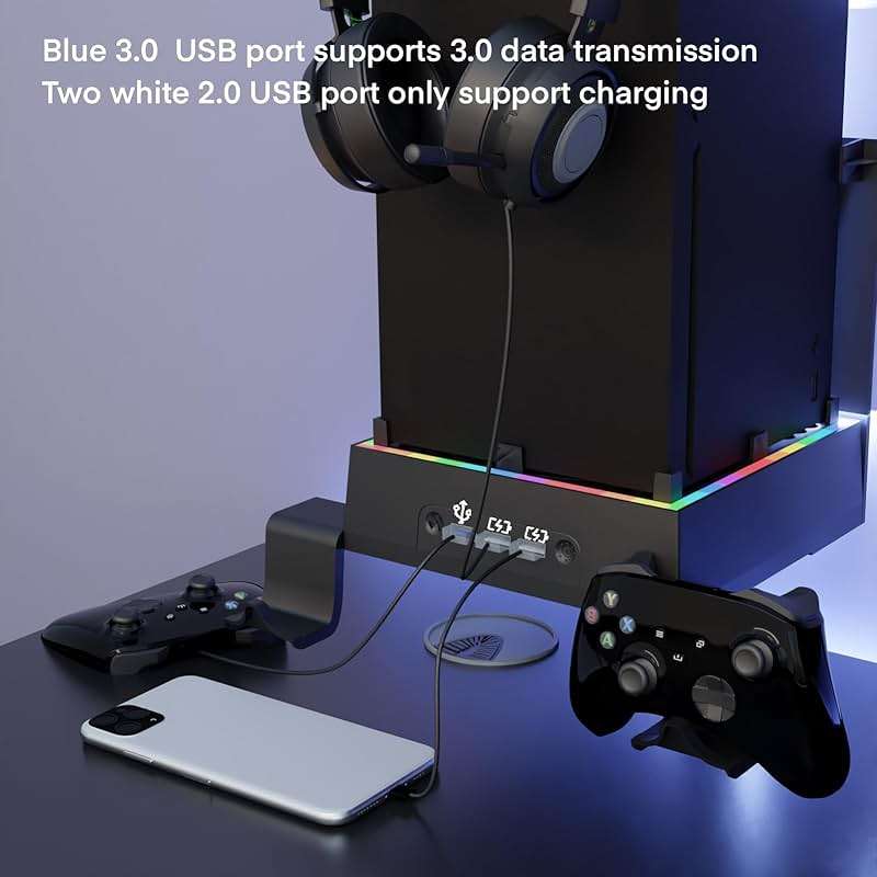 JDGPOKOO Wall Mount with Cooling Fan for Xbox Series X, 4 in 1 Wall Mount Kit for Xbox Series X, 3 Speed Low Noise Fan with RGB Light Strip & Touch Switch, 3 USB Port Controller & Headphone Holder - Image 4