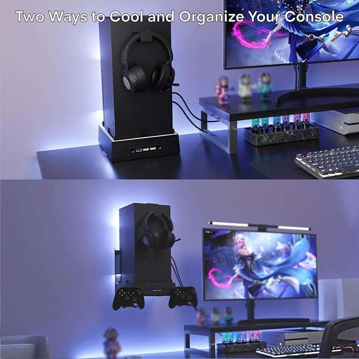 JDGPOKOO Wall Mount with Cooling Fan for Xbox Series X, 4 in 1 Wall Mount Kit for Xbox Series X, 3 Speed Low Noise Fan with RGB Light Strip & Touch Switch, 3 USB Port Controller & Headphone Holder - Image 5