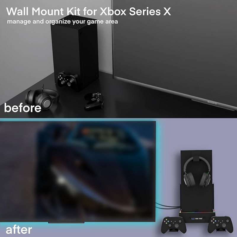 JDGPOKOO Wall Mount with Cooling Fan for Xbox Series X, 4 in 1 Wall Mount Kit for Xbox Series X, 3 Speed Low Noise Fan with RGB Light Strip & Touch Switch, 3 USB Port Controller & Headphone Holder - Image 6